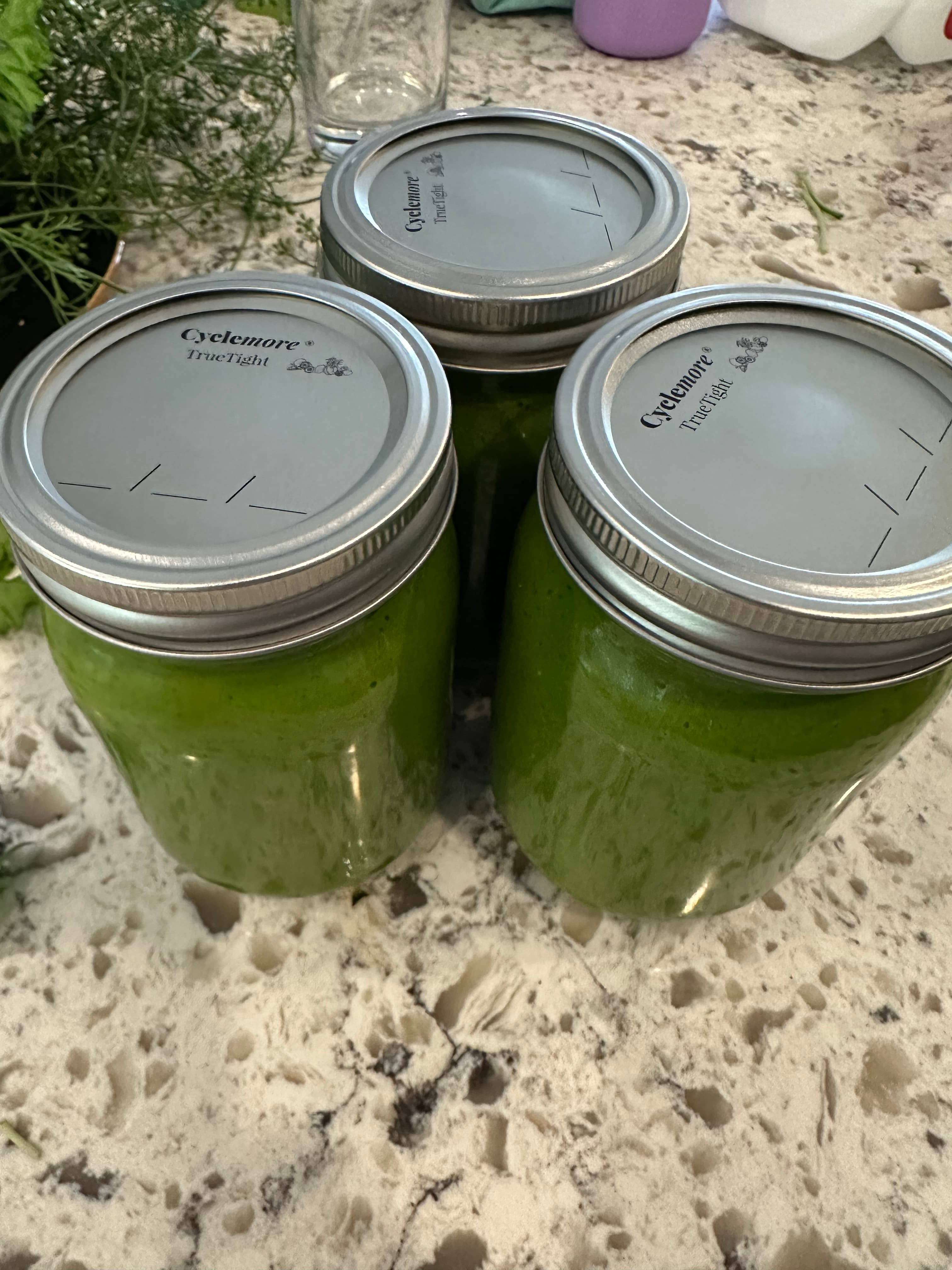 Homemade herb pesto jarred for the freezer