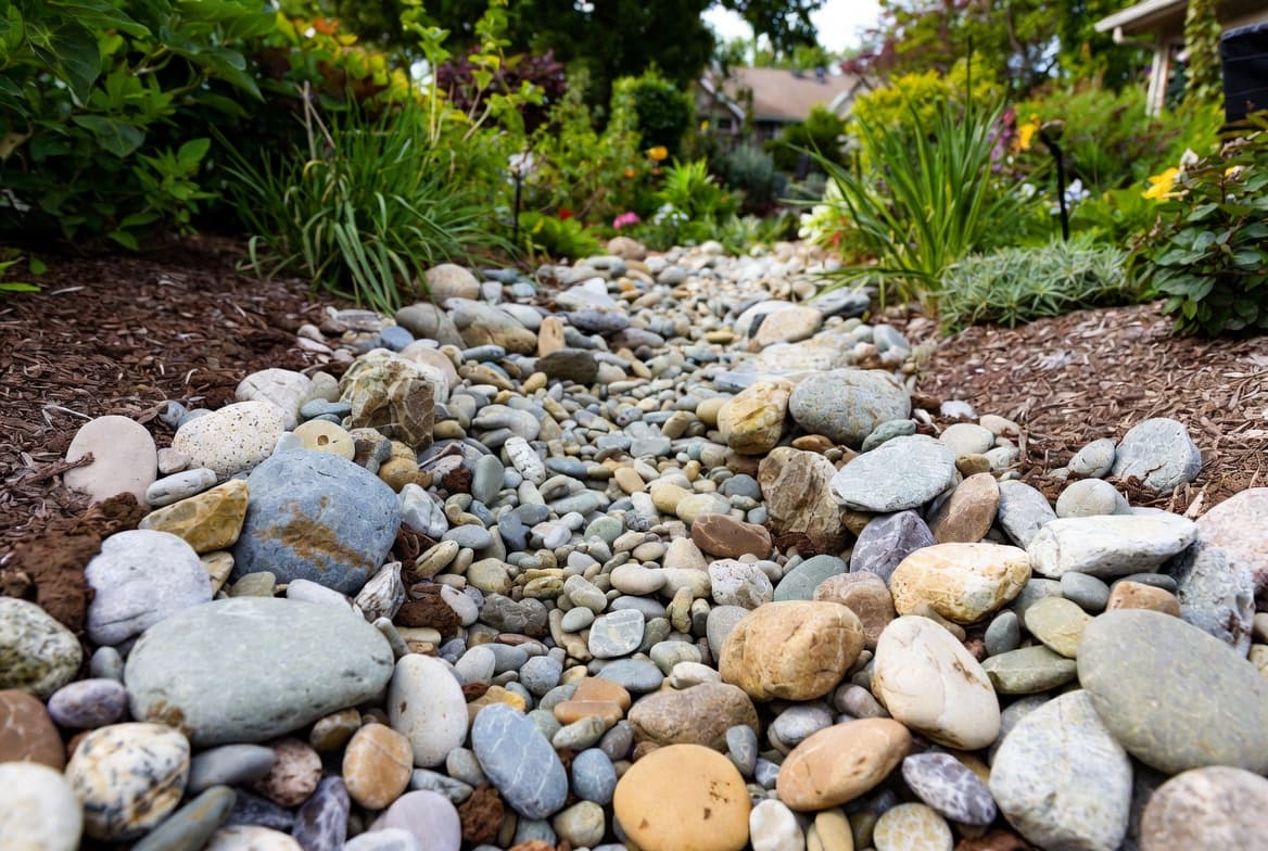 Residential dry creek bed with mixed river rock and cobbles running through a planted garden