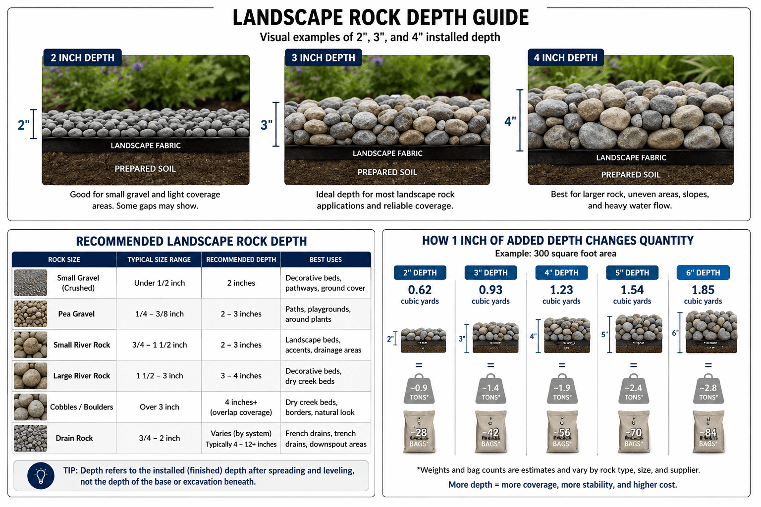 Landscape rock depth guide showing cross-sections at 2, 3, and 4 inches with coverage table by rock size
