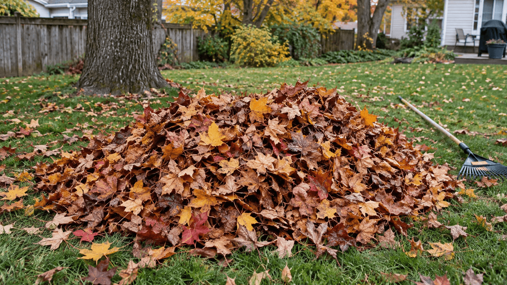 Fall leaves raked into a pile in a residential yard for mulching, composting, and garden use