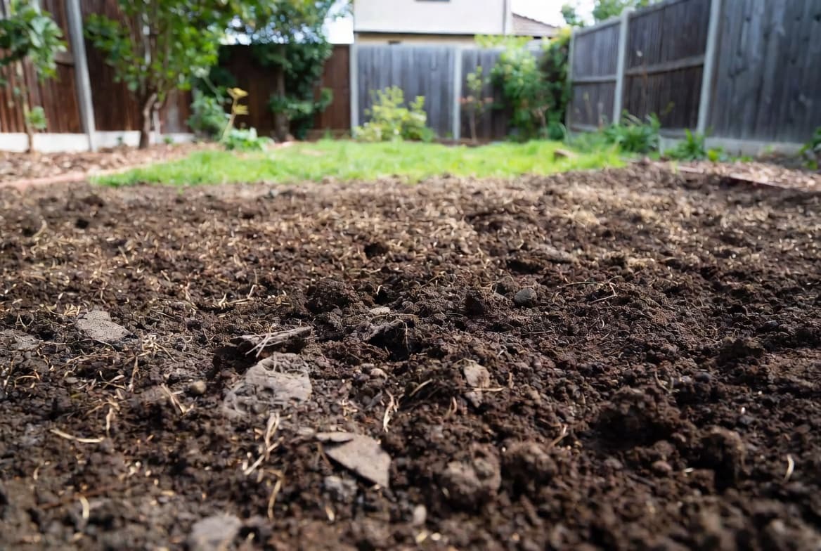 Spreading grass seed across prepared bare soil with a broadcast spreader